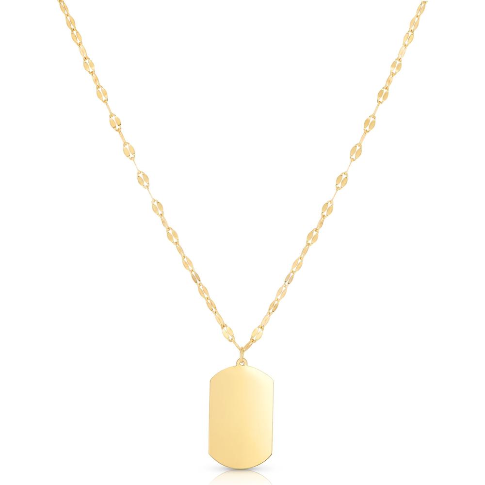 14K Yellow Gold 18" Dog Tag Necklace with Fancy Mariner Chain - Polished Engravable Tag by Orozza Fine Jewelry