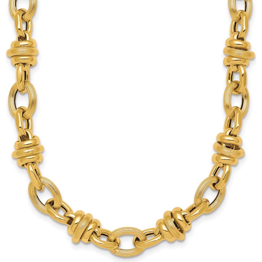 14K Yellow Gold 18" Fancy Link Necklace with Polished and Textured Oval and Round Links - 8.3mm Width by 0