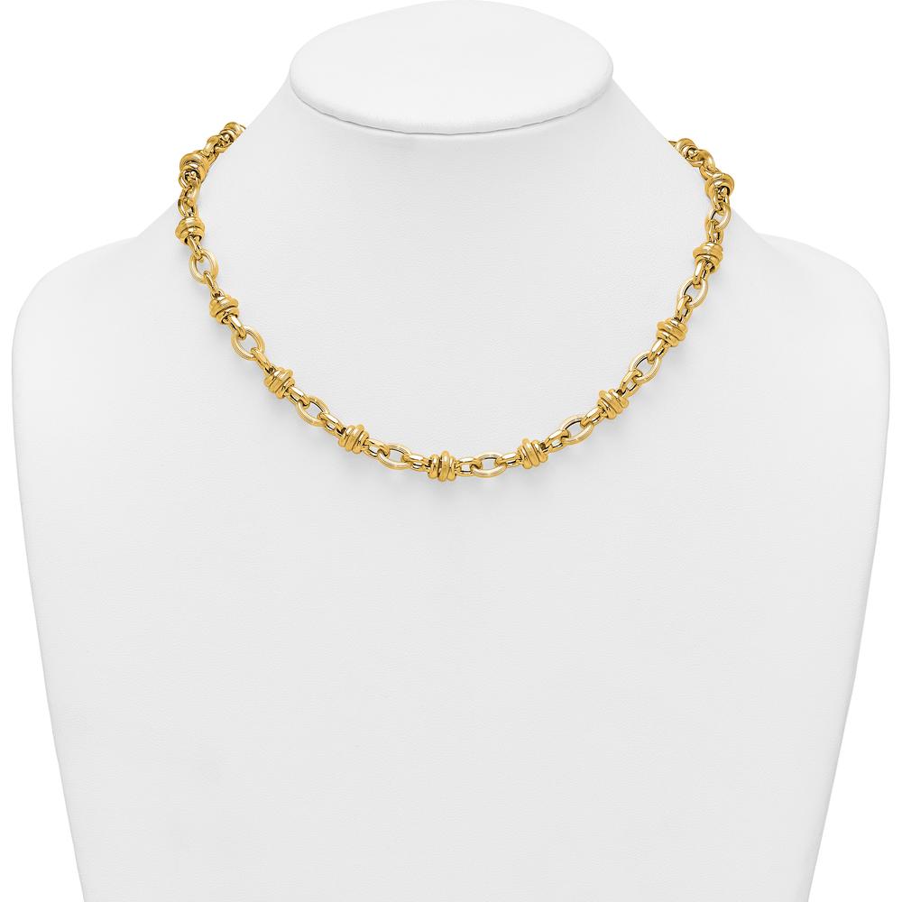 14K Yellow Gold 18" Fancy Link Necklace with Polished and Textured Oval and Round Links - 8.3mm Width by 0