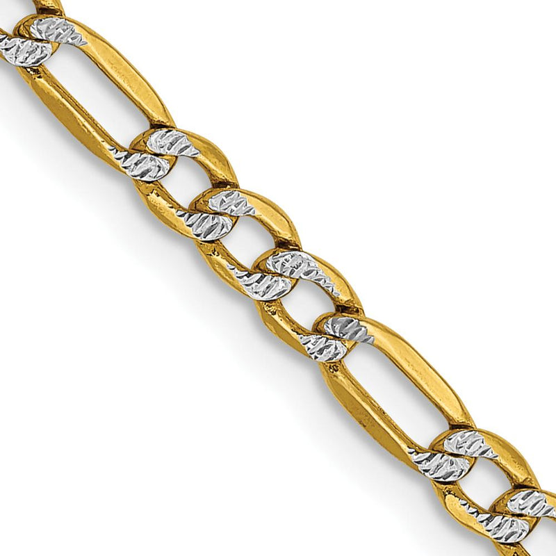 14K Yellow Gold 18" Figaro Chain with Rhodium Pave Links - 3.2mm Width by Oro Pregiato