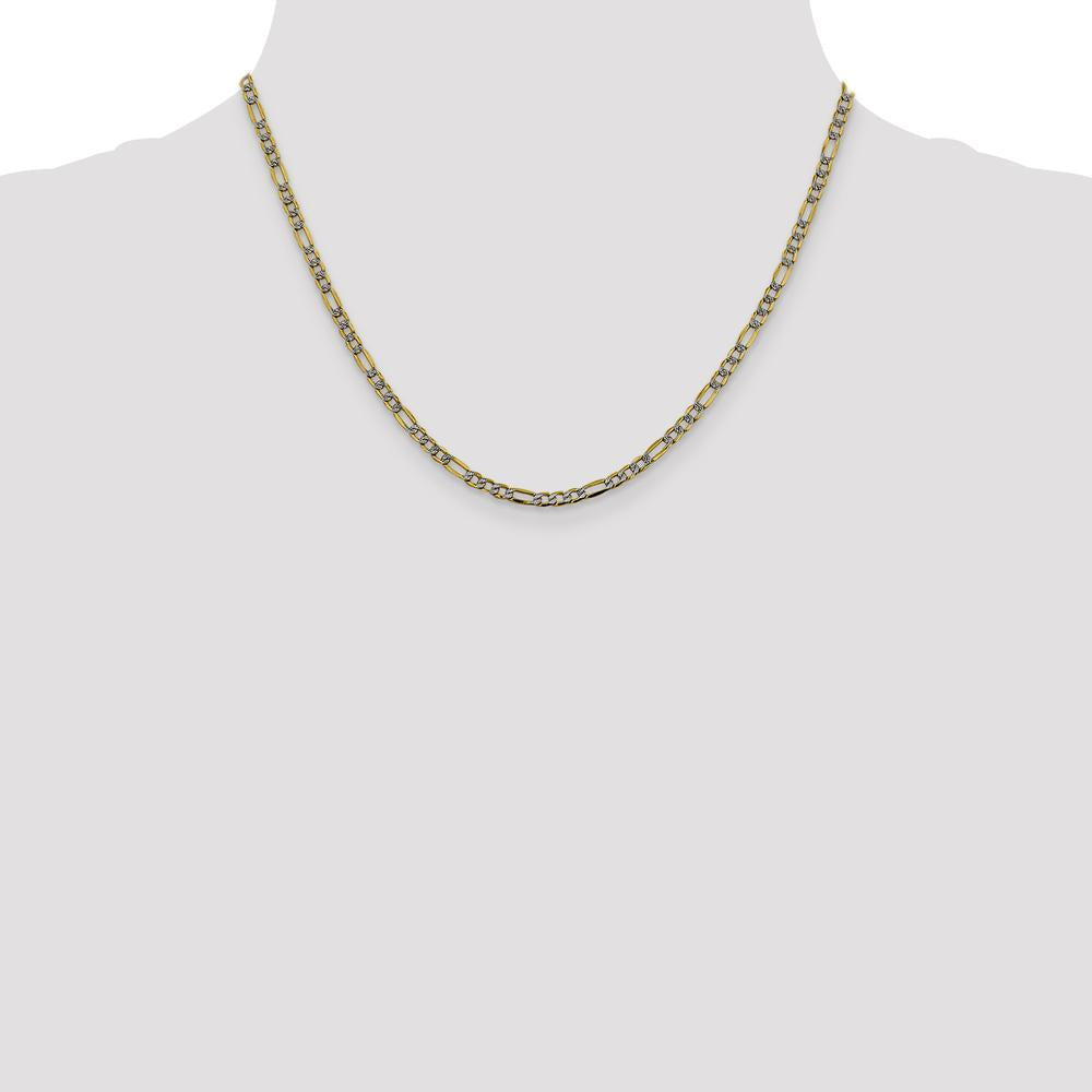 14K Yellow Gold 18" Figaro Chain with Rhodium Pave Links - 3.2mm Width by Oro Pregiato