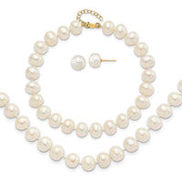 14K Yellow Gold 18" Freshwater Cultured Pearl Necklace with Extender, 7.5" Pearl Bracelet with Extender & Button Post Earrings Set by Monteluci Fine Jewelry
