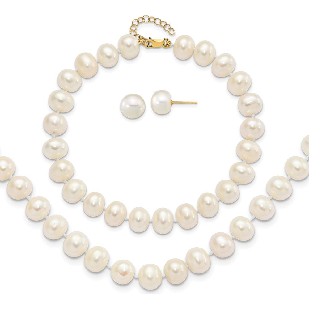 14K Yellow Gold 18" Freshwater Cultured Pearl Necklace with Extender, 7.5" Pearl Bracelet with Extender & Button Post Earrings Set by Monteluci Fine Jewelry