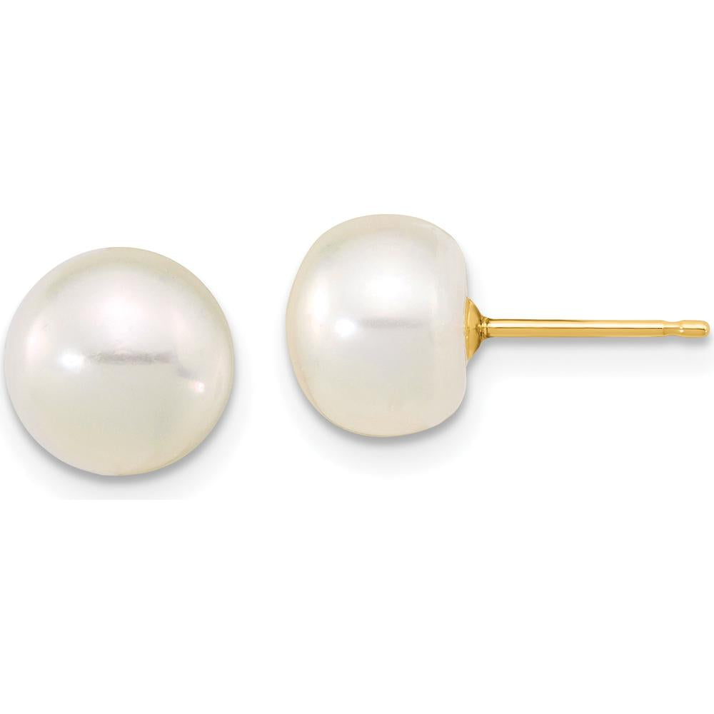 14K Yellow Gold 18" Freshwater Cultured Pearl Necklace with Extender, 7.5" Pearl Bracelet with Extender & Button Post Earrings Set by Monteluci Fine Jewelry