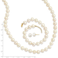 14K Yellow Gold 18" Freshwater Cultured Pearl Necklace with Extender, 7.5" Pearl Bracelet with Extender & Button Post Earrings Set by Monteluci Fine Jewelry