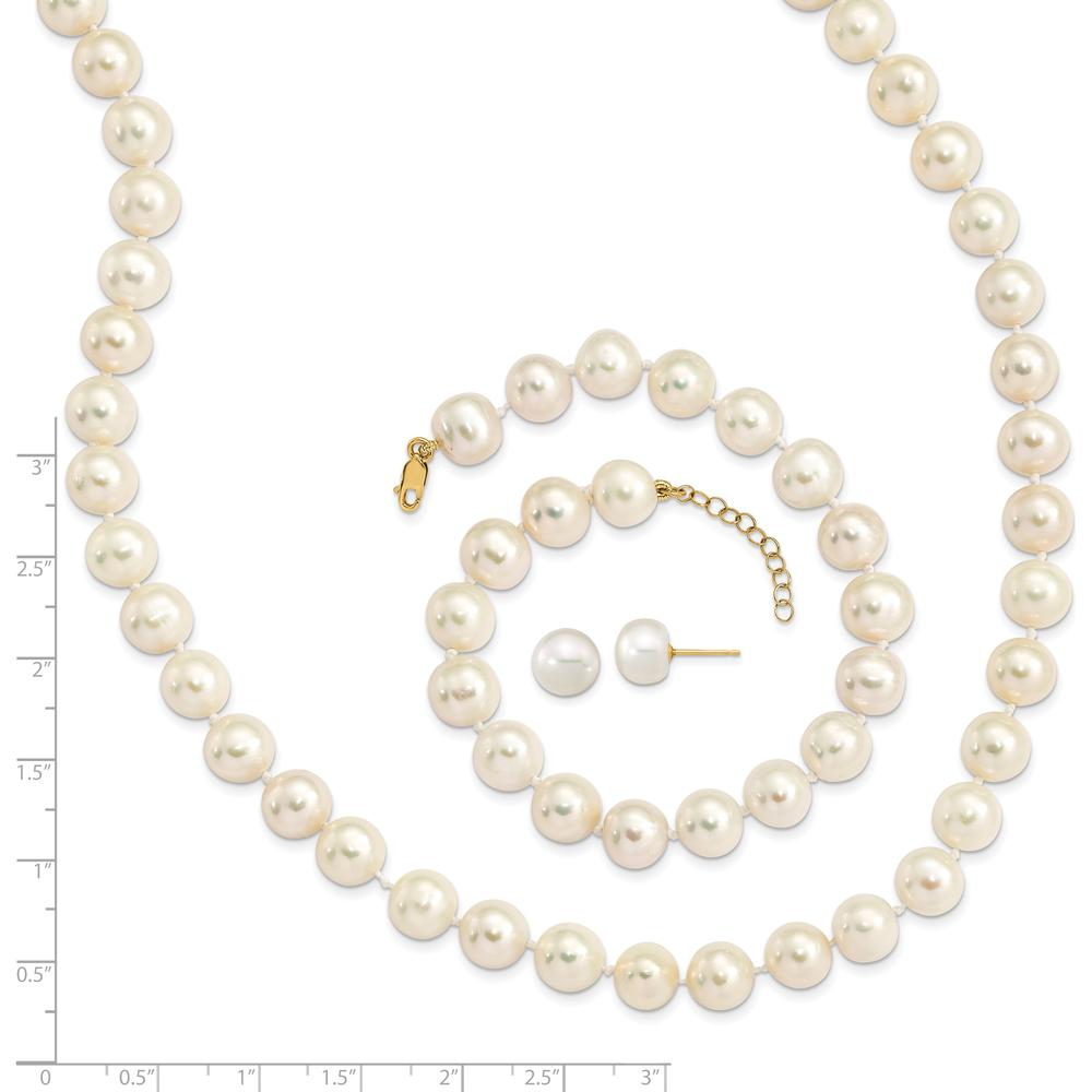 14K Yellow Gold 18" Freshwater Cultured Pearl Necklace with Extender, 7.5" Pearl Bracelet with Extender & Button Post Earrings Set by Monteluci Fine Jewelry