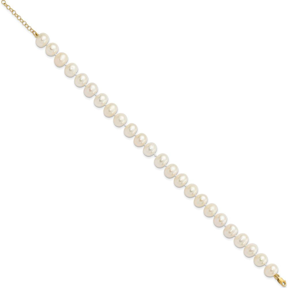 14K Yellow Gold 18" Freshwater Cultured Pearl Necklace with Extender, 7.5" Pearl Bracelet with Extender & Button Post Earrings Set by Monteluci Fine Jewelry