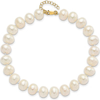 14K Yellow Gold 18" Freshwater Cultured Pearl Necklace with Extender, 7.5" Pearl Bracelet with Extender & Button Post Earrings Set by Monteluci Fine Jewelry