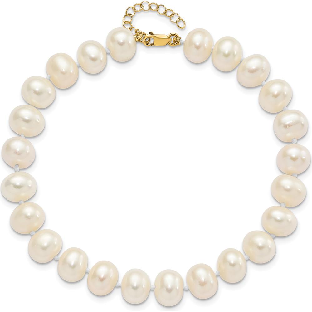 14K Yellow Gold 18" Freshwater Cultured Pearl Necklace with Extender, 7.5" Pearl Bracelet with Extender & Button Post Earrings Set by Monteluci Fine Jewelry