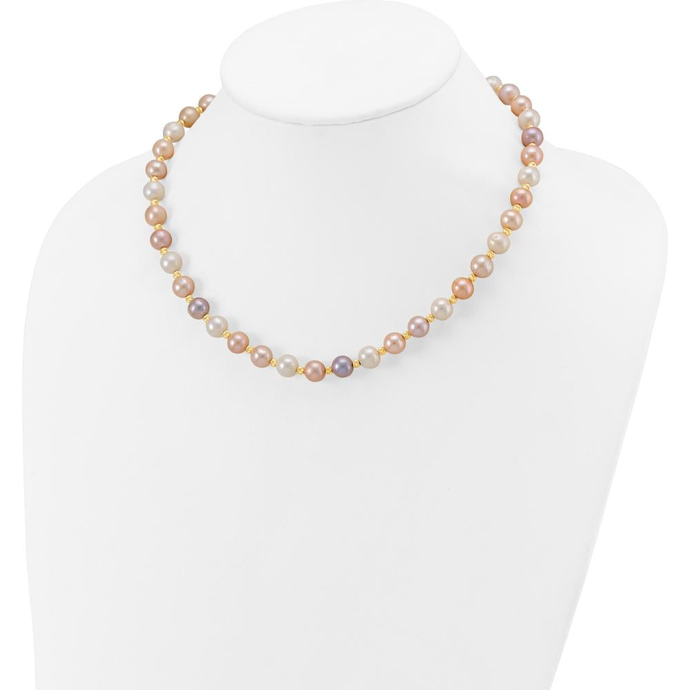 14K Yellow Gold 18" Freshwater Pearl Necklace with Diamond-Cut Beaded Accents - 8-9mm Pearls by Monteluci Fine Jewelry