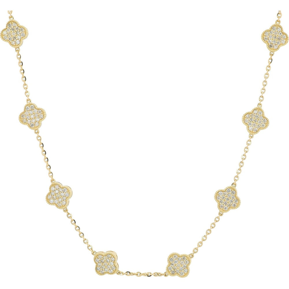 14K Yellow Gold 18-Inch Clover Station Necklace with Pavé-Set Round Diamonds - 2.50 Carat Total Diamond Weight