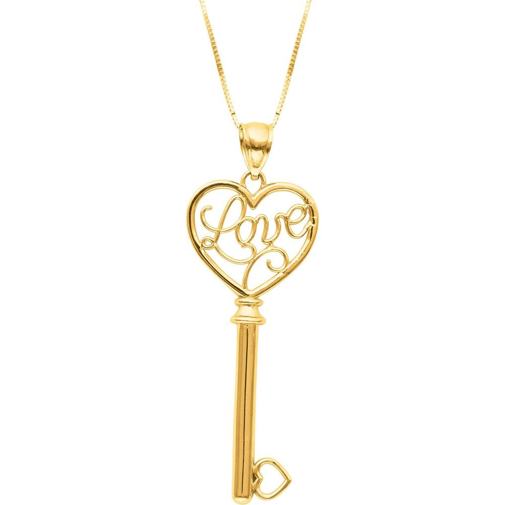 14K Yellow Gold 18" Love Key Heart Pendant Necklace - Polished Finish by Orozza Fine Jewelry