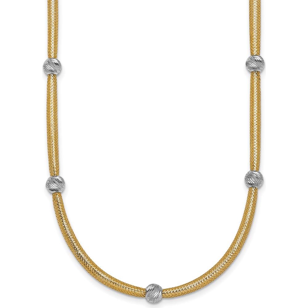 14K Yellow Gold 18" Mesh Necklace with Rhodium Diamond-Cut Beads by 0