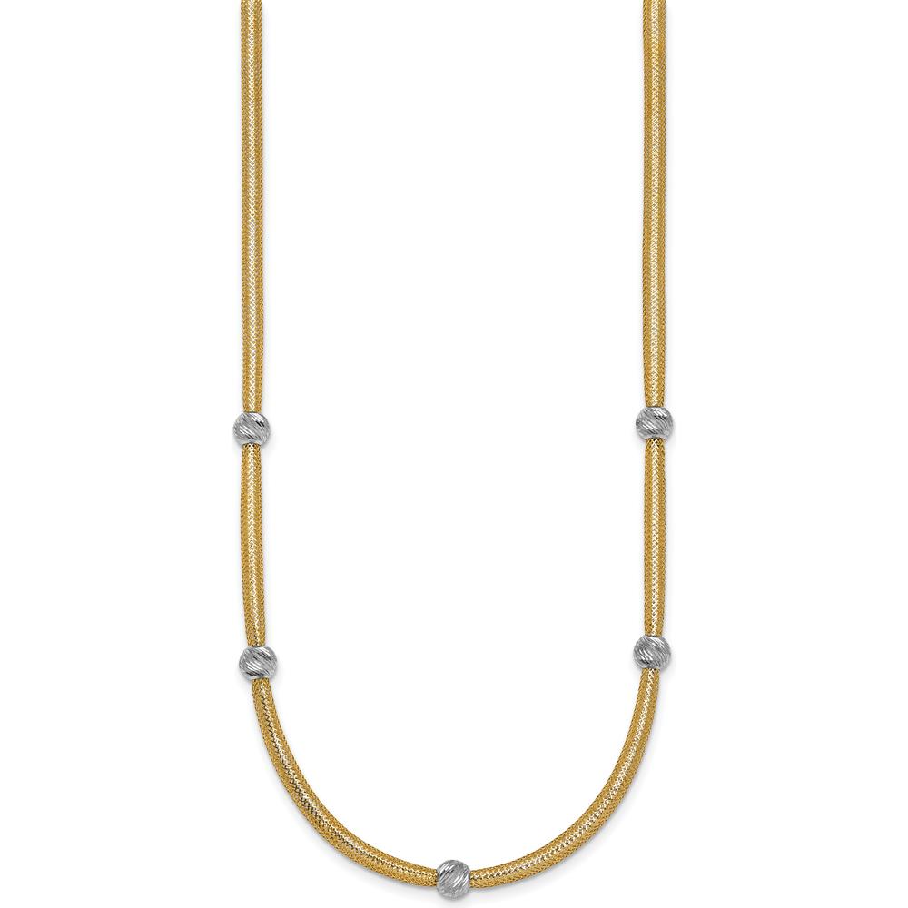 14K Yellow Gold 18" Mesh Necklace with Rhodium Diamond-Cut Beads by 0