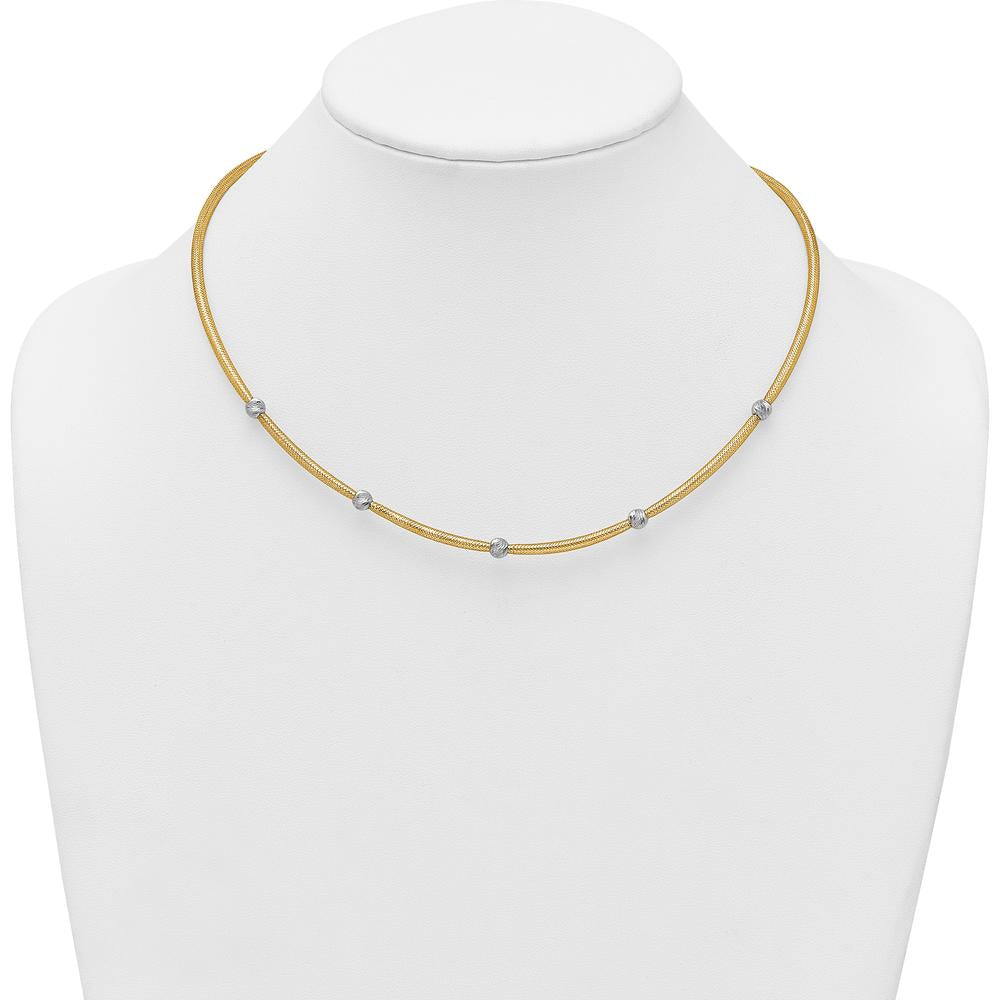 14K Yellow Gold 18" Mesh Necklace with Rhodium Diamond-Cut Beads by 0