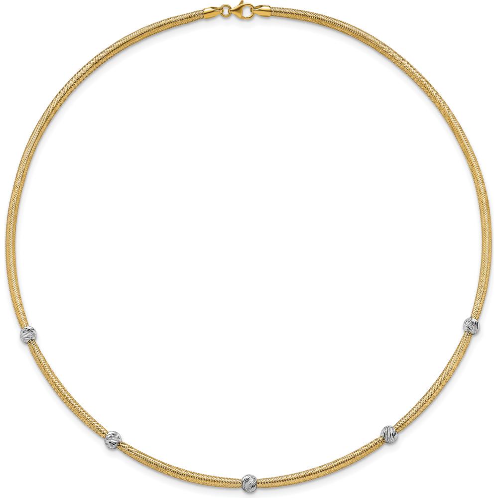 14K Yellow Gold 18" Mesh Necklace with Rhodium Diamond-Cut Beads by 0