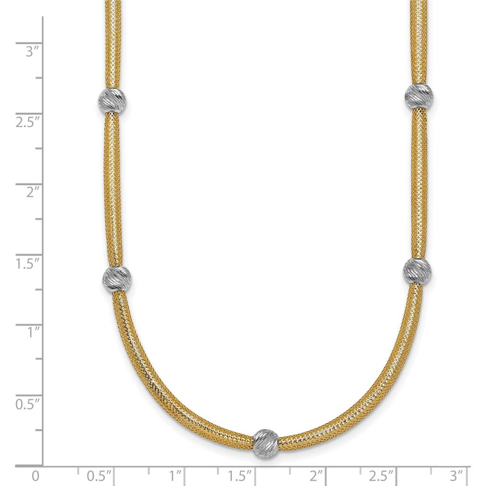 14K Yellow Gold 18" Mesh Necklace with Rhodium Diamond-Cut Beads by 0