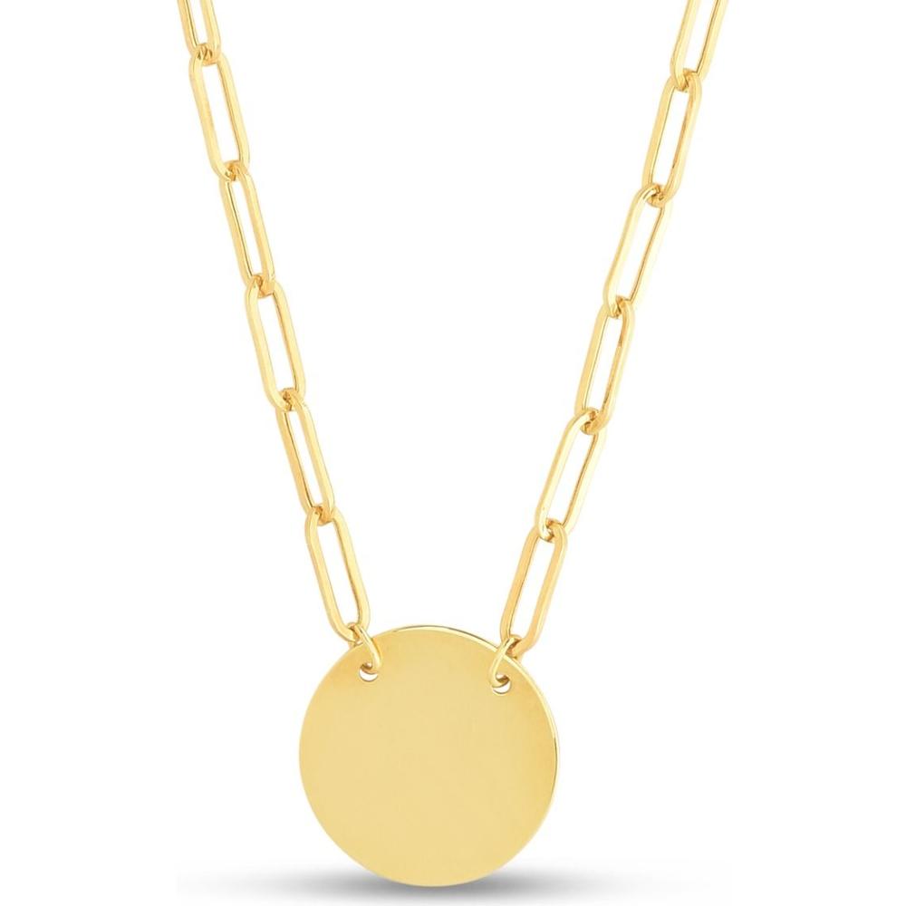 14K Yellow Gold 18" Polished Disc Necklace on Paperclip Chain by Orozza Fine Jewelry