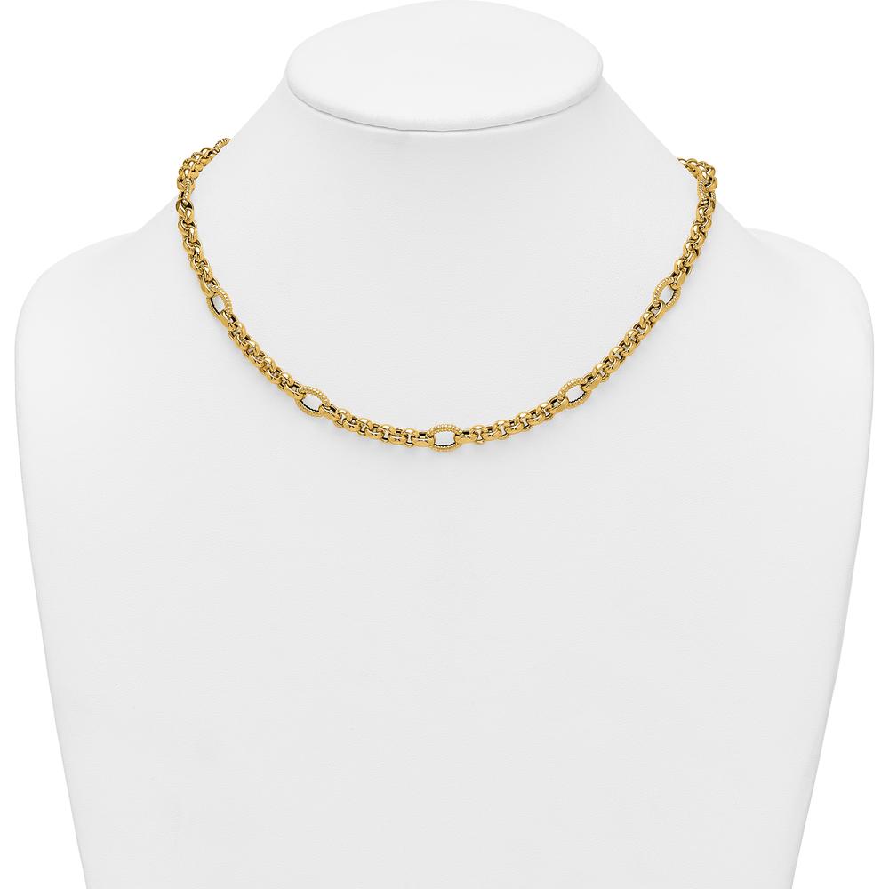 14K Yellow Gold 18" Rolo and Oval Fancy Link Necklace with Polished and Textured Detailing by 0
