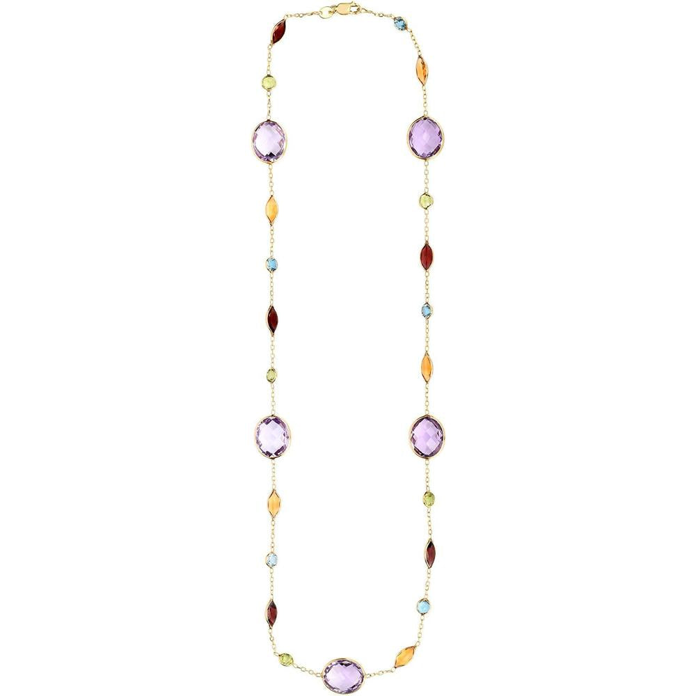 14K Yellow Gold 18" Station Necklace with Garnet, Citrine, Peridot, Blue Topaz, and Amethyst Semi-Precious Stones by Orozza Fine Jewelry
