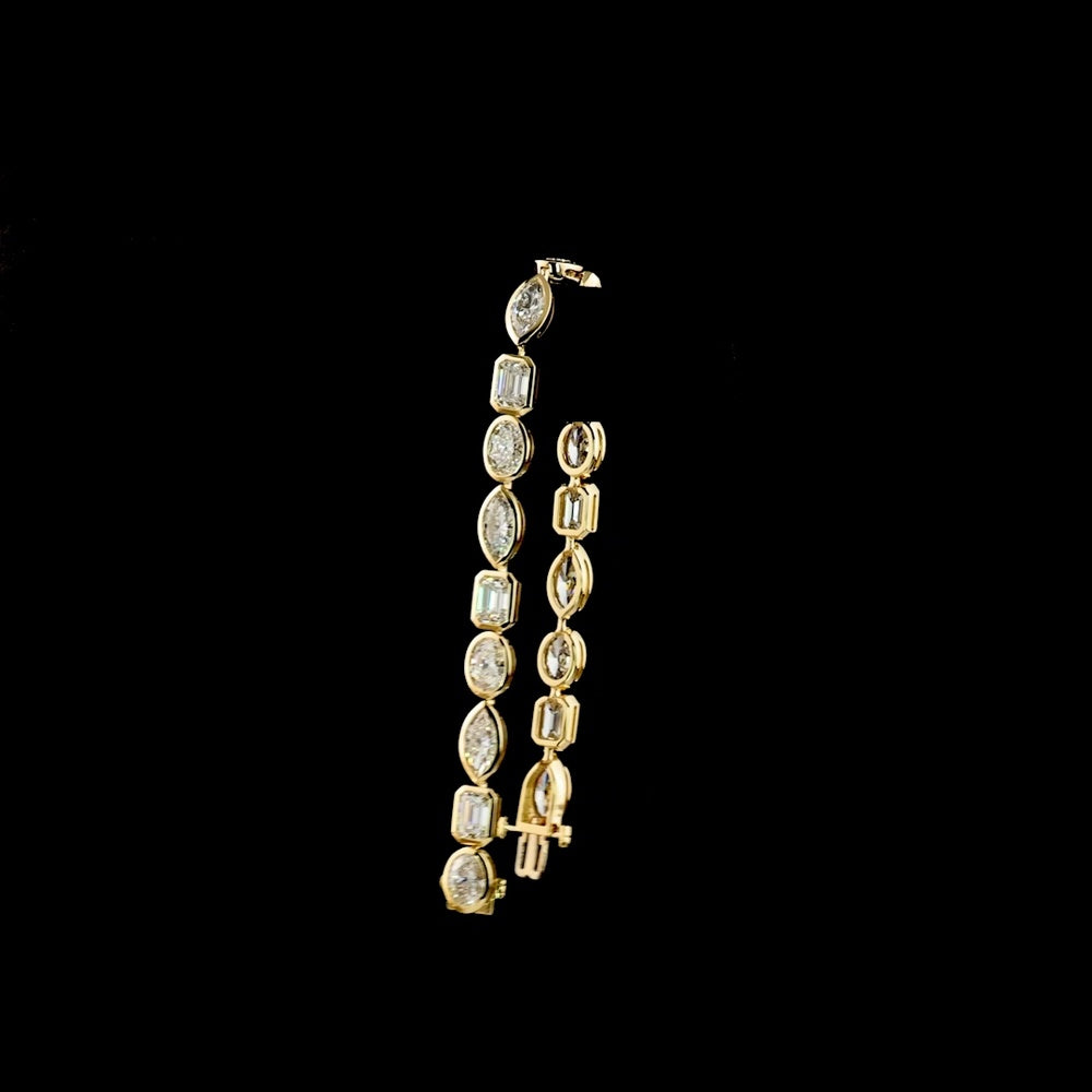 14K Yellow Gold 18-Stone Tennis Bracelet with Bezel Set Emerald, Oval, and Marquise Lab Diamonds - 15.44 Carat Total Weight - Covaloro Fine Jewelry