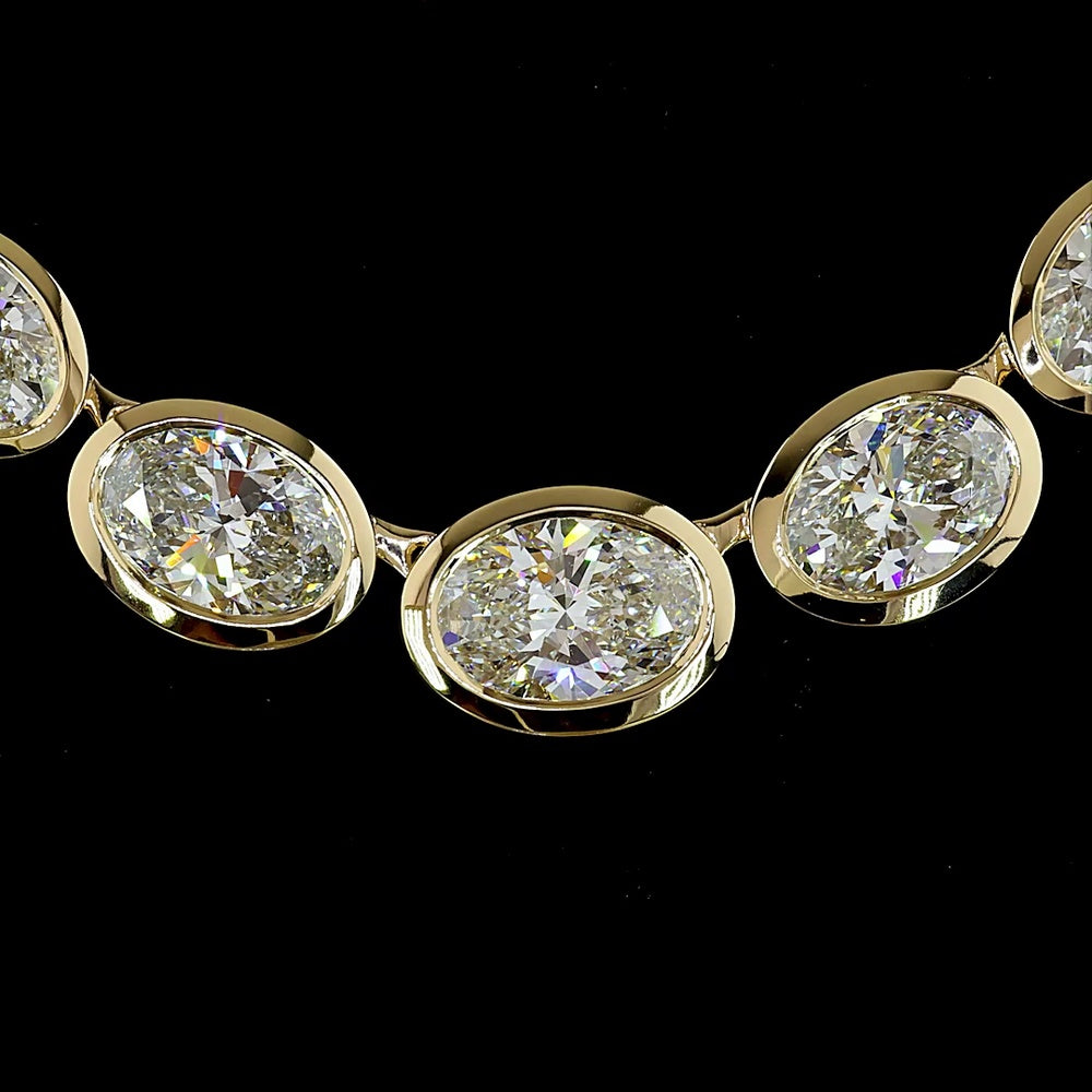 14K Yellow Gold 19-Stone Graduating Riviera Necklace with Bezel-Set Oval Lab Diamonds - 28.56 Carat Total Weight - Covaloro Fine Jewelry