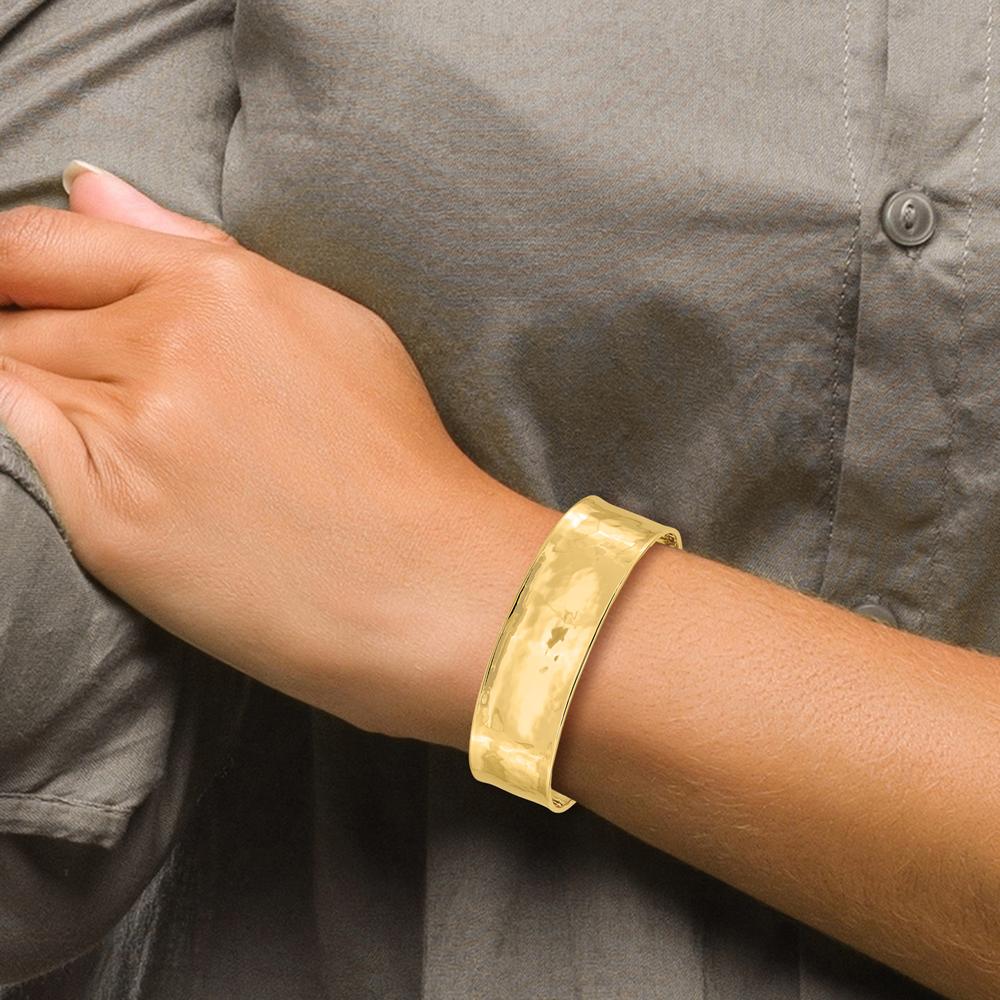 14K Yellow Gold 19mm Hammered Polished Cuff Bangle Bracelet by Oro Pregiato