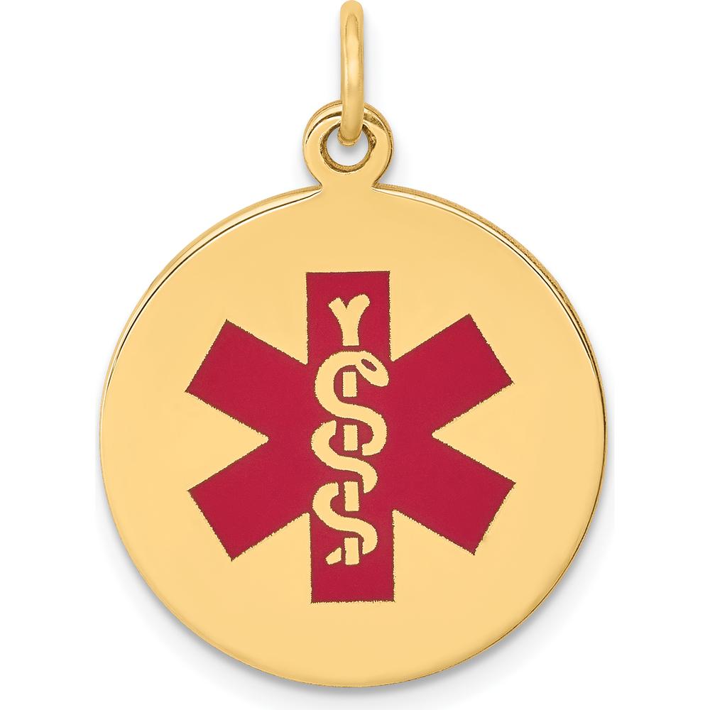 14K Yellow Gold 19mm Round Red Enameled Medical Alert Pendant with Polished Back by Oro Pregiato