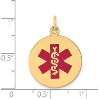 14K Yellow Gold 19mm Round Red Enameled Medical Alert Pendant with Polished Back by Oro Pregiato