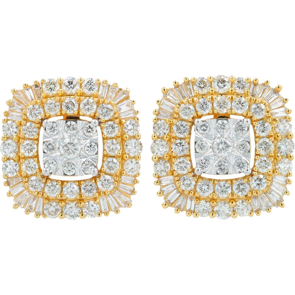 14K Yellow Gold 2.00 Carat Cushion-Shaped Diamond Cluster Stud Earrings