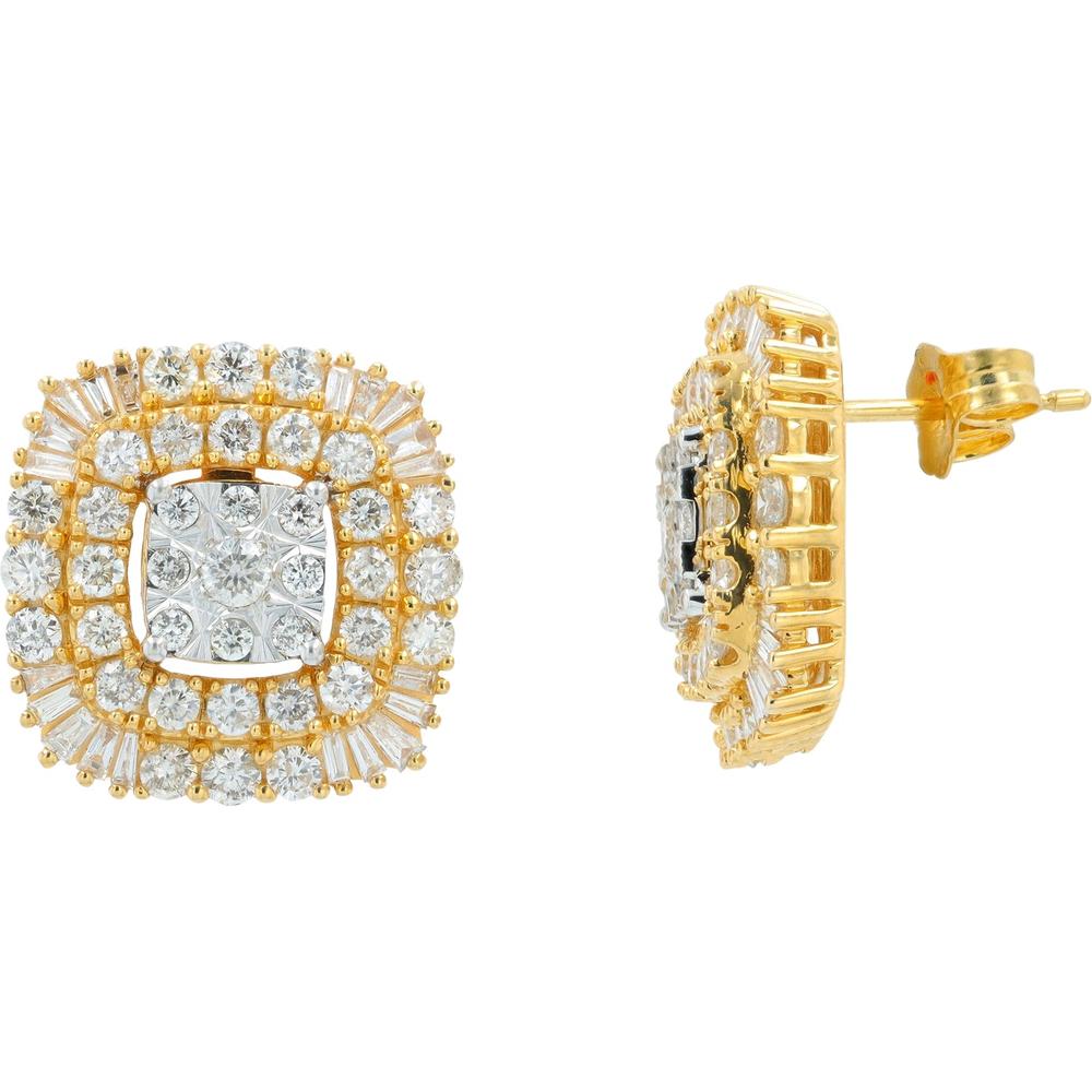 14K Yellow Gold 2.00 Carat Cushion-Shaped Diamond Cluster Stud Earrings