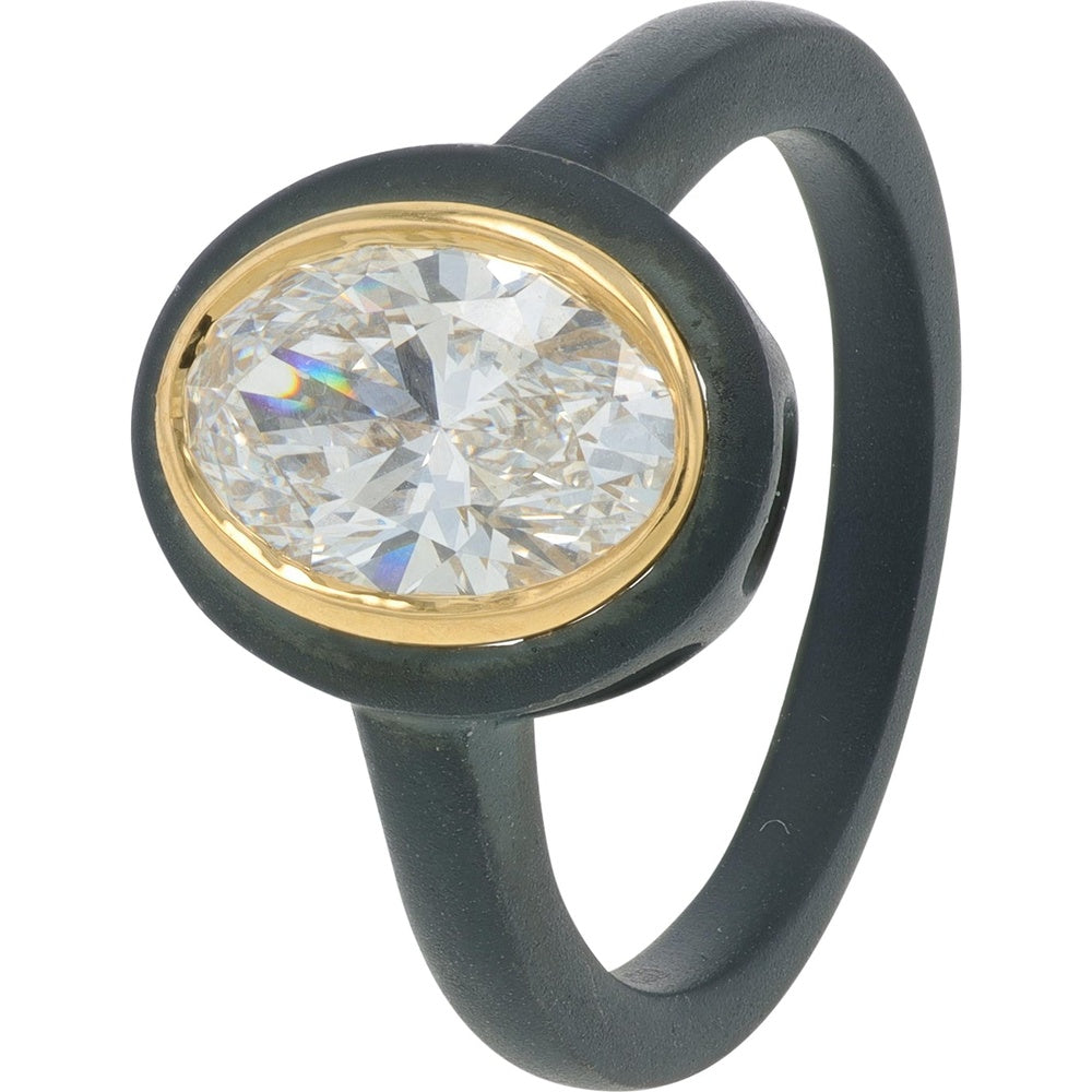 14K Yellow Gold 2.00 Carat Oval Lab-Grown Diamond Ring with Matte Black Bezel Setting
