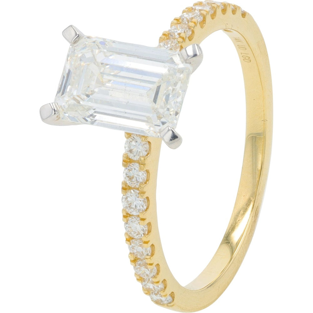 14K Yellow Gold 2.00 Carat Total Weight Lab Grown Diamond Engagement Ring with 1.75 Carat Emerald Cut Center Stone