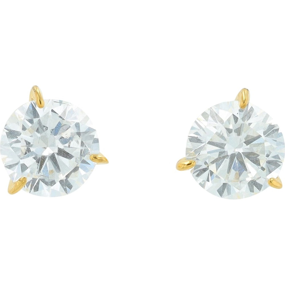 14K Yellow Gold 2.00 Carat Total Weight Lab-Grown Round Brilliant Diamond Stud Earrings with Three-Prong Settings and Secure Friction Backs