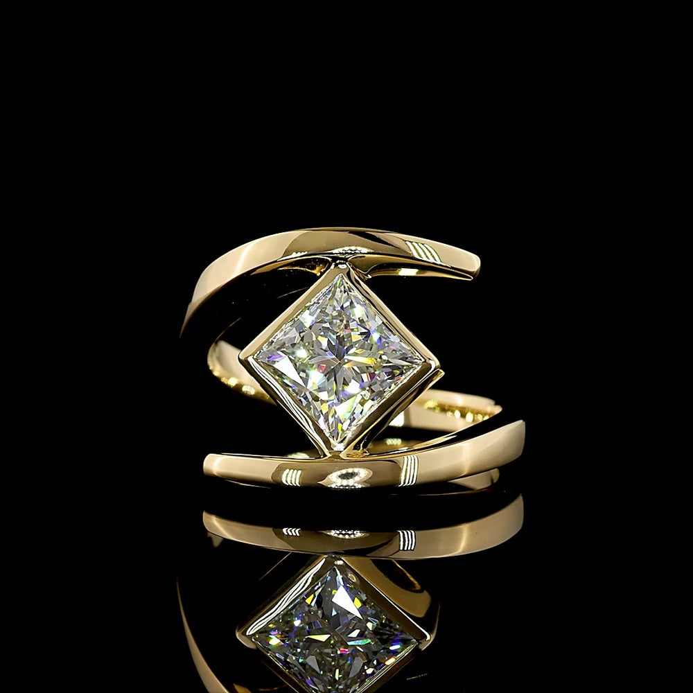 14K Yellow Gold 2.06 Carat Lab Grown Princess Cut Solitaire Ring with Bezel Setting and Split Shank Design - E-F Color VS1 Clarity - Covaloro Fine Jewelry
