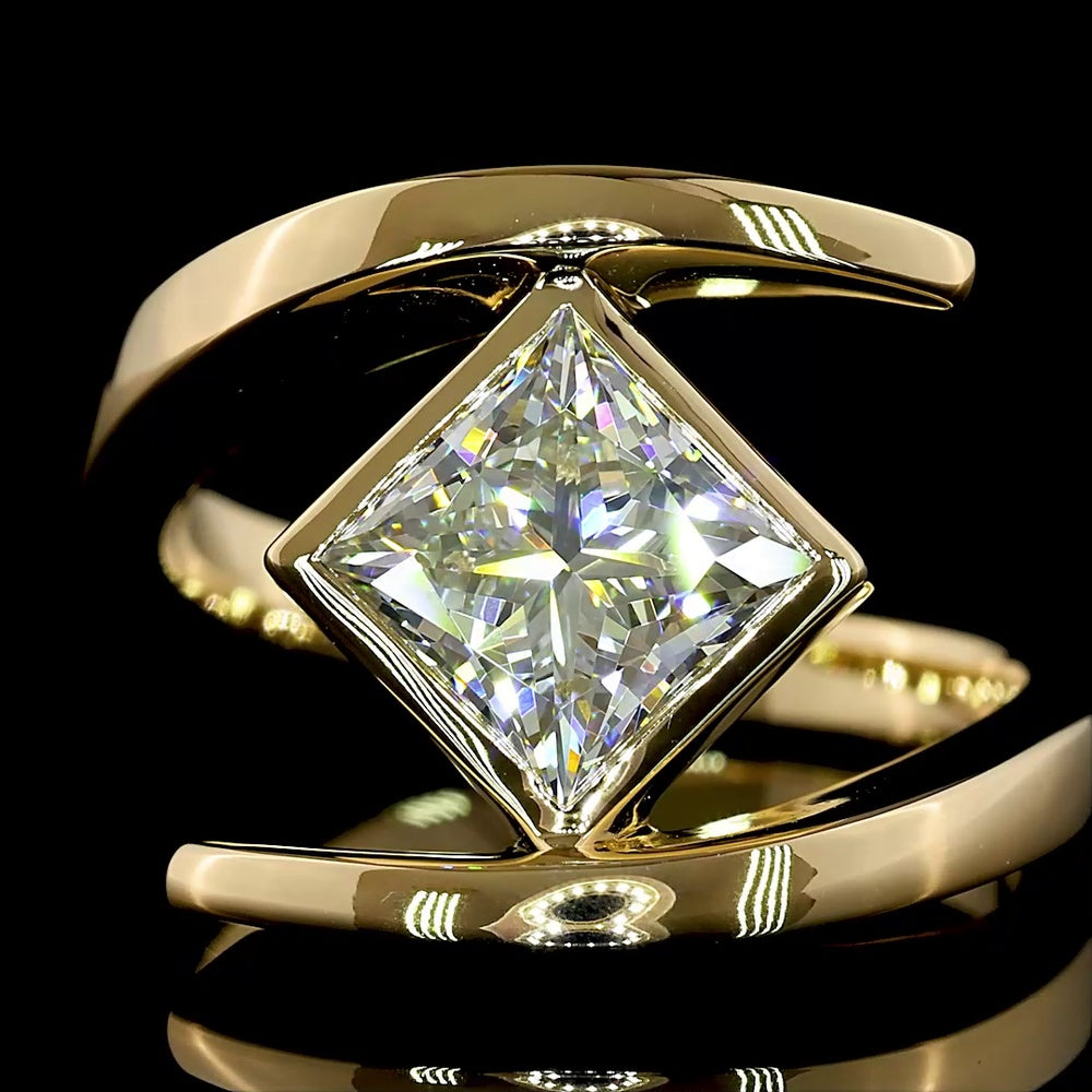 14K Yellow Gold 2.06 Carat Lab Grown Princess Cut Solitaire Ring with Bezel Setting and Split Shank Design - E-F Color VS1 Clarity - Covaloro Fine Jewelry