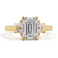 14K Yellow Gold 2.15 Carat Emerald Cut Lab Diamond Three Stone Ring with Trapezoid Side Stones - E VS2 Center, GIA Certified - Covaloro Fine Jewelry