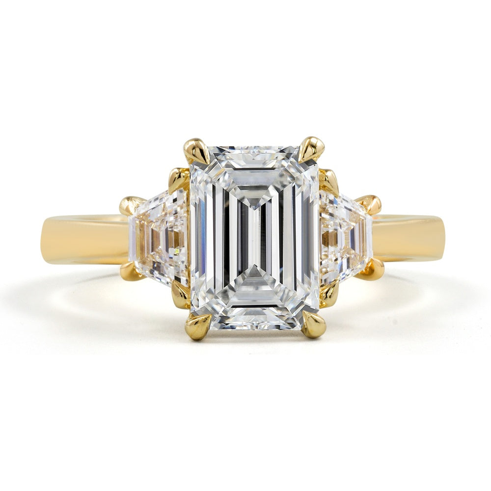 14K Yellow Gold 2.15 Carat Emerald Cut Lab Diamond Three Stone Ring with Trapezoid Side Stones - E VS2 Center, GIA Certified - Covaloro Fine Jewelry