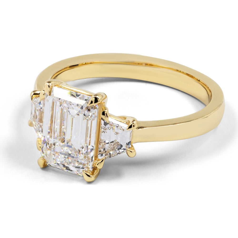 14K Yellow Gold 2.15 Carat Emerald Cut Lab Diamond Three Stone Ring with Trapezoid Side Stones - E VS2 Center, GIA Certified - Covaloro Fine Jewelry
