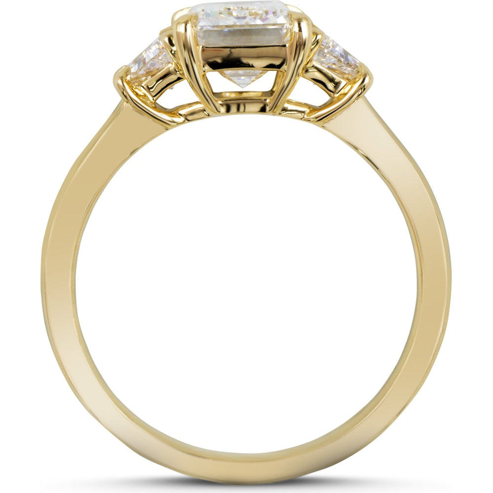 14K Yellow Gold 2.15 Carat Emerald Cut Lab Diamond Three Stone Ring with Trapezoid Side Stones - E VS2 Center, GIA Certified - Covaloro Fine Jewelry