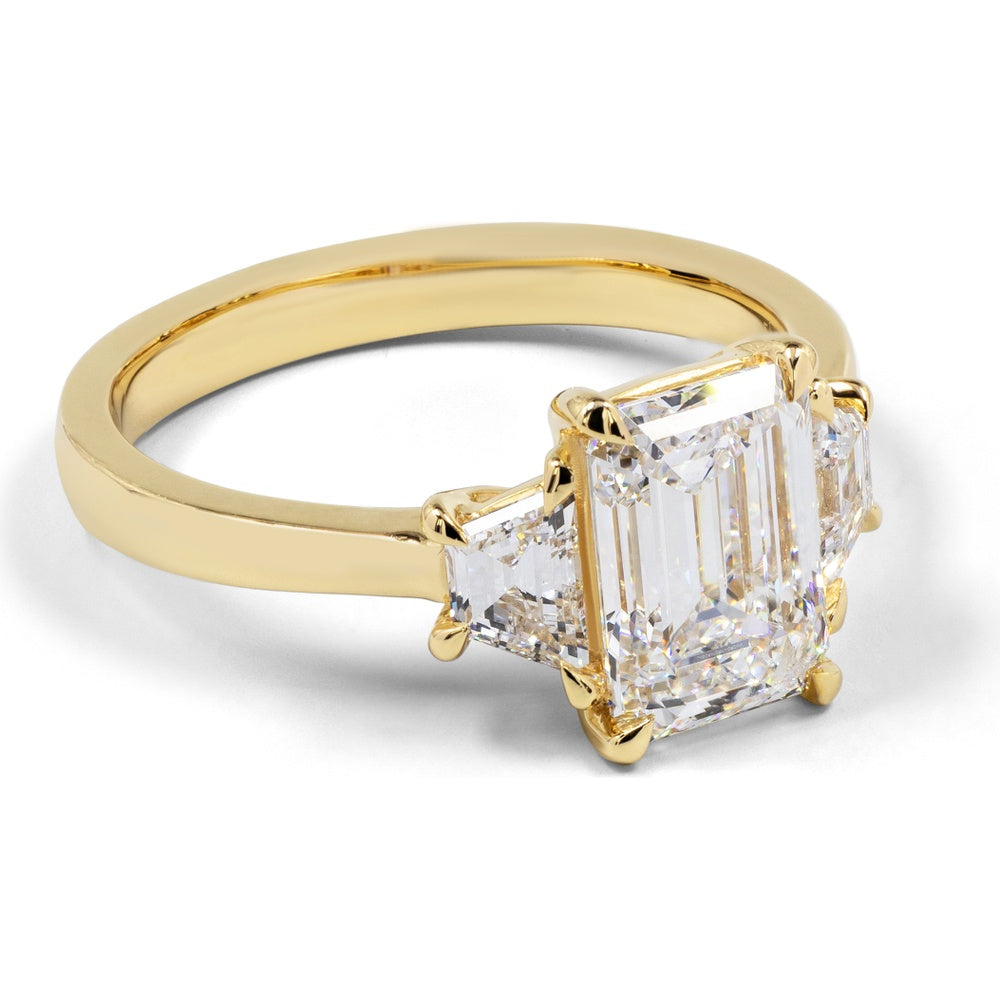 14K Yellow Gold 2.15 Carat Emerald Cut Lab Diamond Three Stone Ring with Trapezoid Side Stones - E VS2 Center, GIA Certified - Covaloro Fine Jewelry
