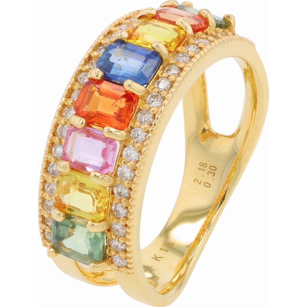 14K Yellow Gold 2.18 Carat Multi Sapphire Ring with 0.30 Carat Diamond Accents
