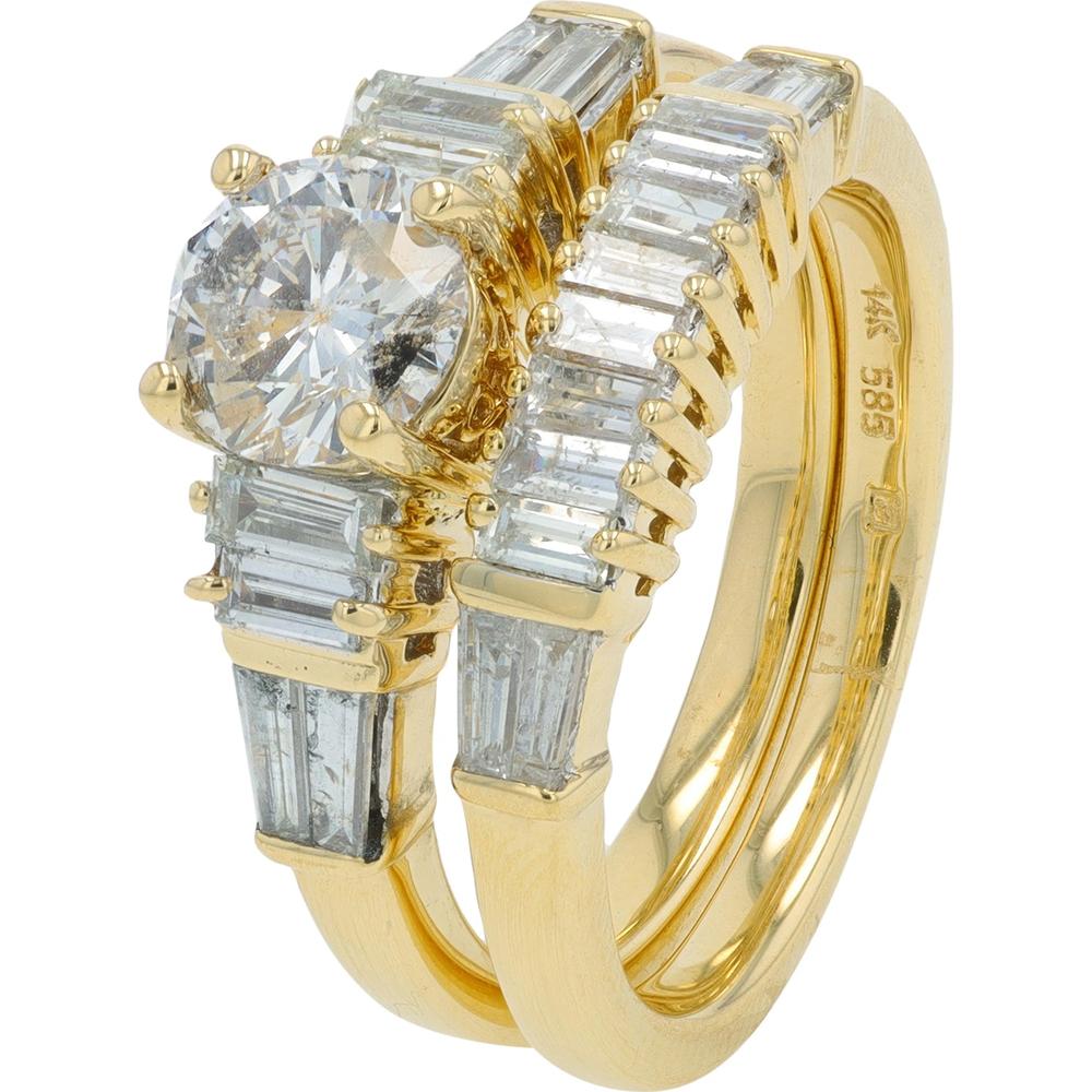14K Yellow Gold 2.20 Carat Diamond Bridal Set with Round Center and Baguette Side Diamonds