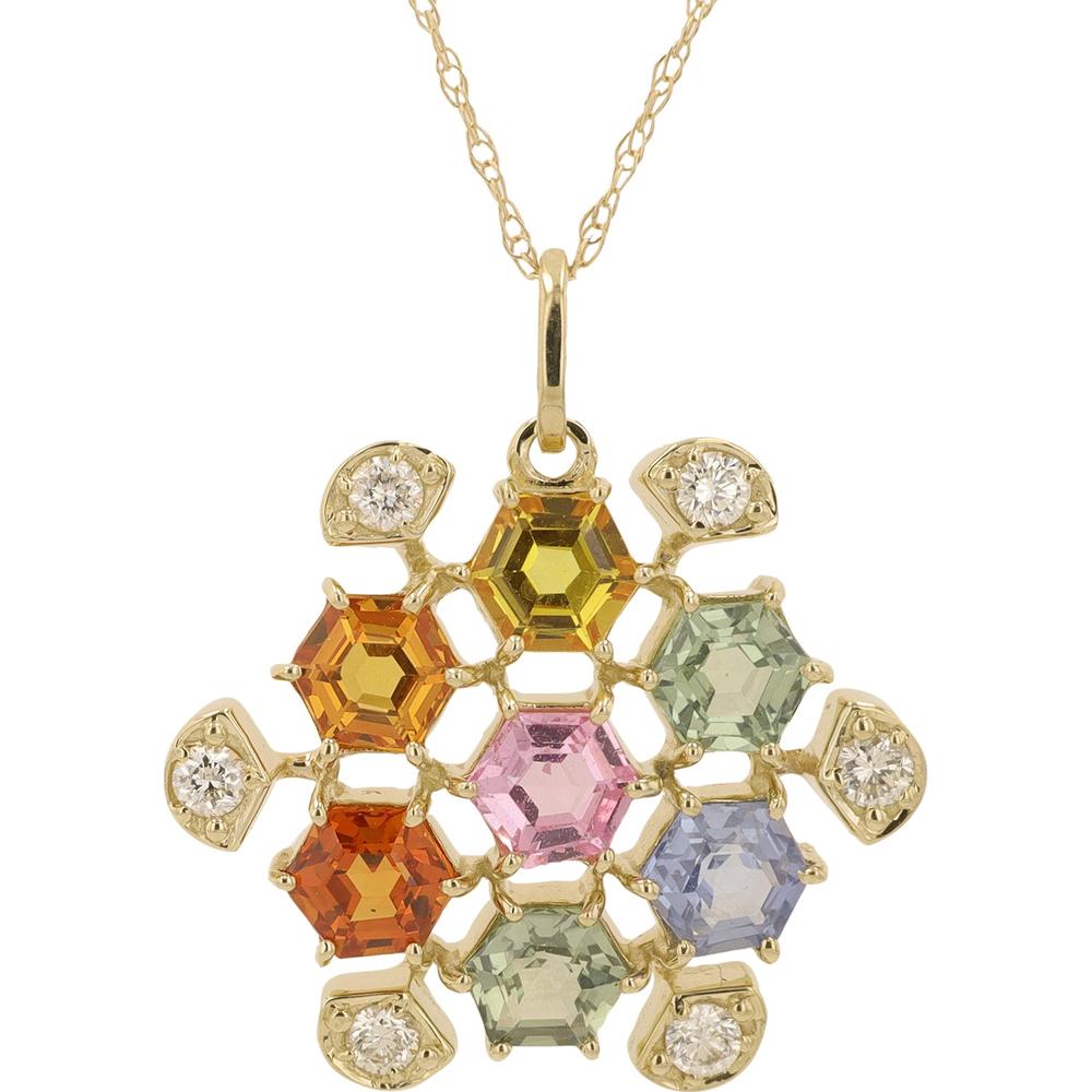 14K Yellow Gold 2.40 Carat Multi Sapphire Pendant with 0.20 Carat Diamond Accents