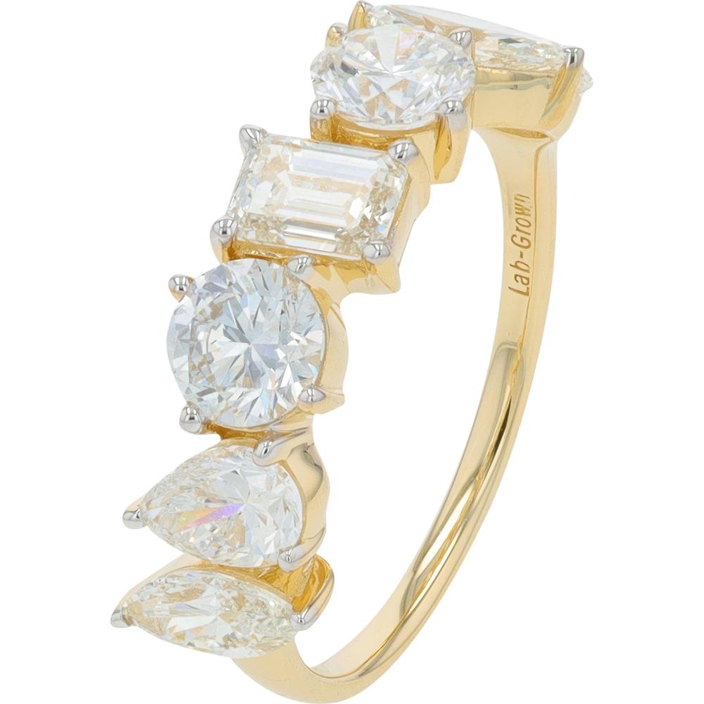 14K Yellow Gold 2.50 Carat Lab Grown Diamond Band with Emerald, Round, and Pear Cut Diamonds