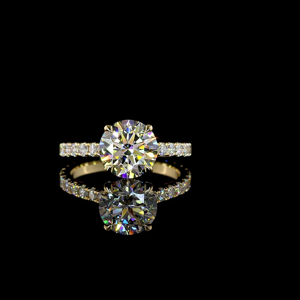 14K Yellow Gold 2.50 Carat Round Brilliant Cut Lab Diamond Solitaire Shank Ring with Pavé Set Diamond Band - 3.19 Carat Total Diamond Weight - Covaloro Fine Jewelry
