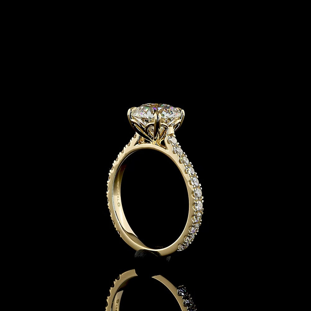 14K Yellow Gold 2.50 Carat Round Brilliant Cut Lab Diamond Solitaire Shank Ring with Pavé Set Diamond Band - 3.19 Carat Total Diamond Weight - Covaloro Fine Jewelry