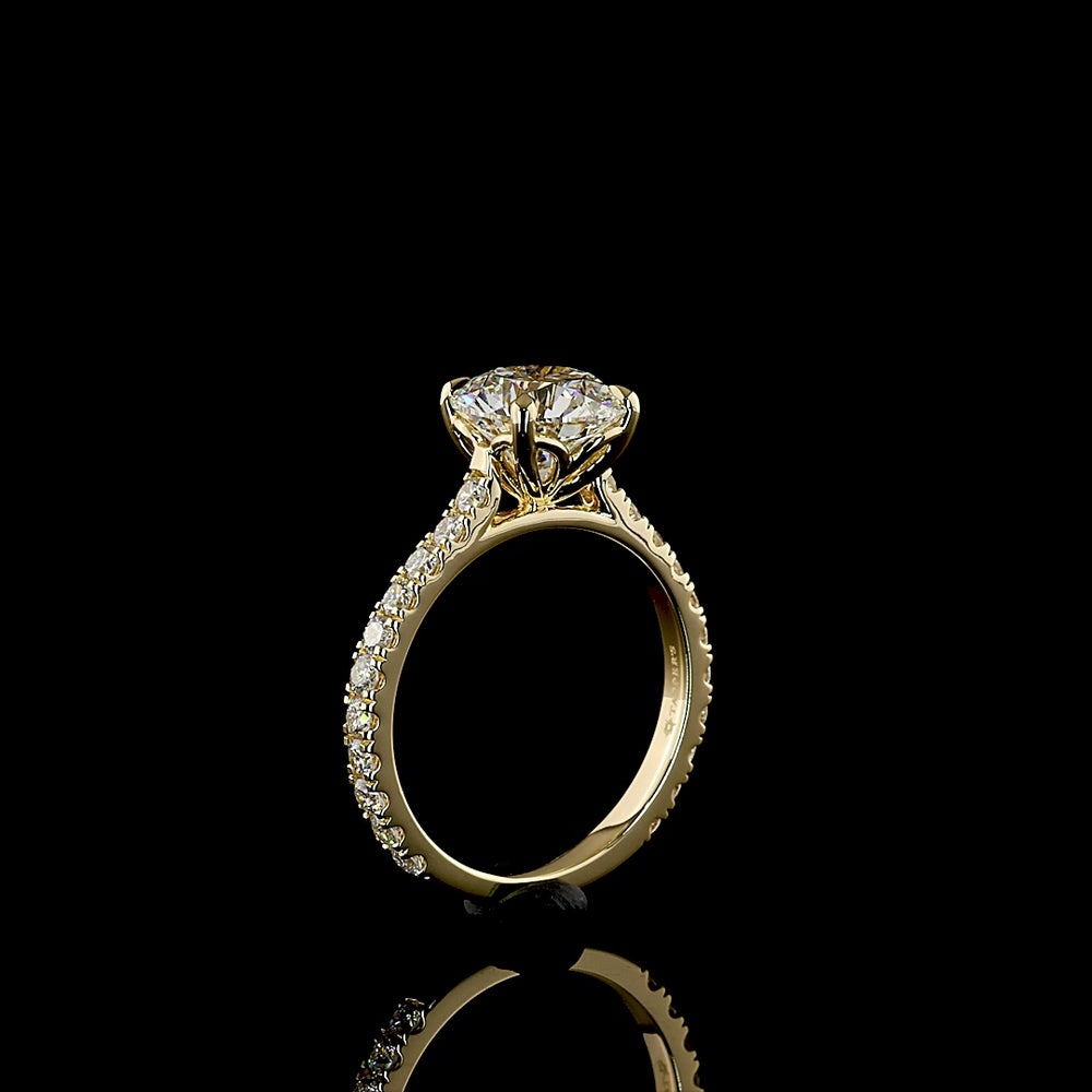 14K Yellow Gold 2.50 Carat Round Brilliant Cut Lab Diamond Solitaire Shank Ring with Pavé Set Diamond Band - 3.19 Carat Total Diamond Weight - Covaloro Fine Jewelry
