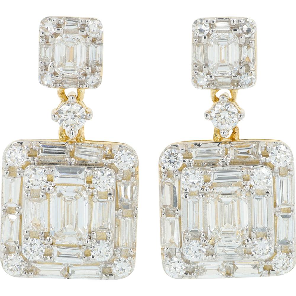 14K Yellow Gold 2.50 Carat Total Weight Lab Grown Diamond Drop Earrings - Square Cluster Design