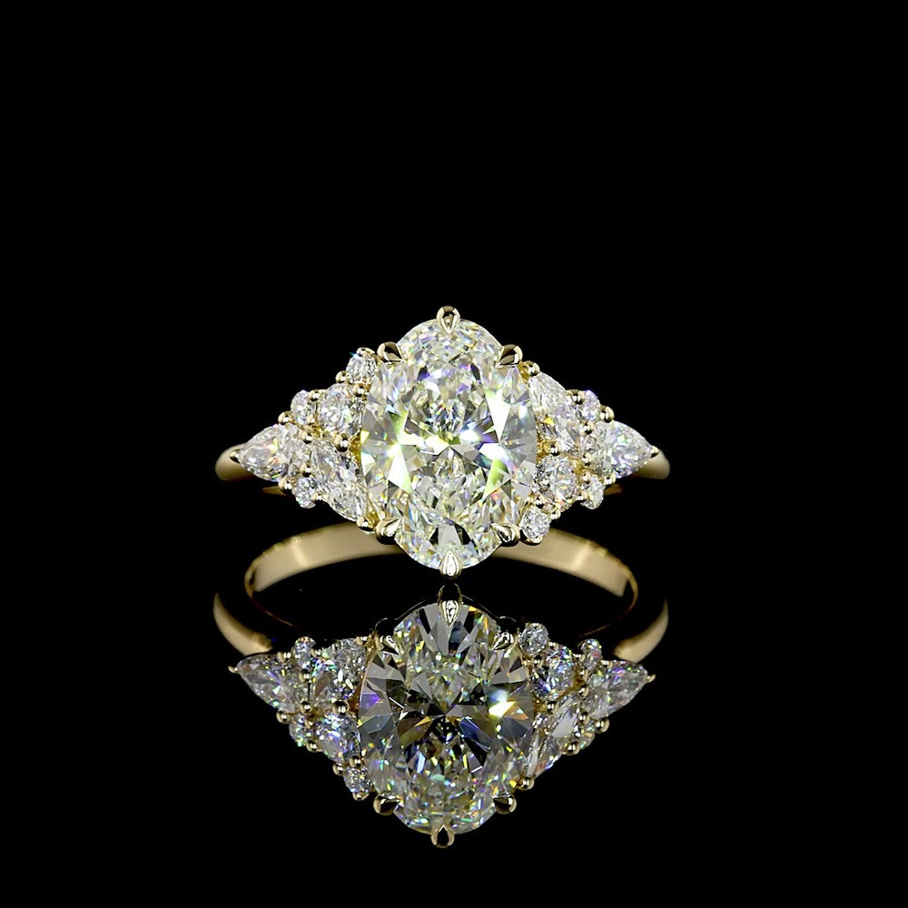 14K Yellow Gold 2.53 Carat Oval Cut Lab Diamond Special Ring with Marquise and Pear Shaped Side Stones - IGI Certified E-F Color VVS2 Clarity - Covaloro Fine Jewelry